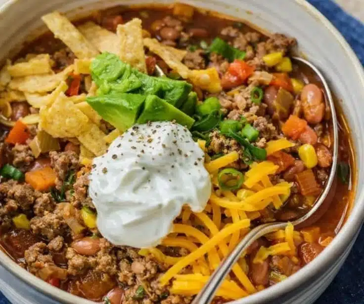 Easy taco soup in a bowl topped with cheese and cilantro.
