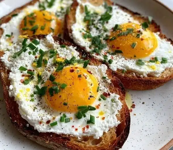 Egg And Ricotta Toast 7 A plate of Egg And Ricotta Toast topped with herbs and spices.
