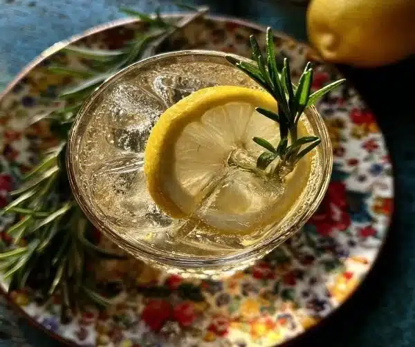 Elderflower Winter Gin cocktail garnished with fresh herbs and citrus