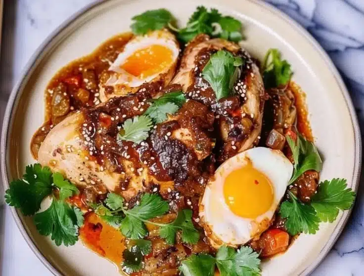 Ethiopian spiced chicken dish garnished with traditional herbs and spices