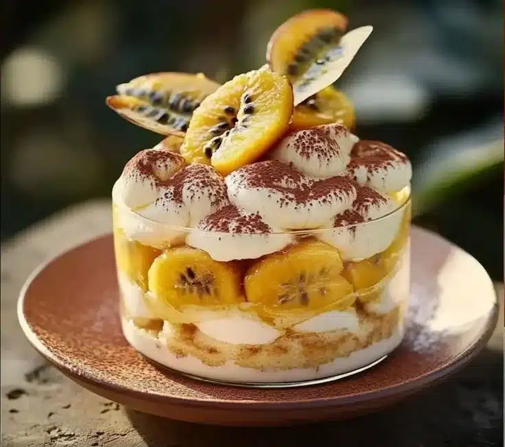 Exotic Tiramisu with Mango and Passionfruit dessert for tropical bliss