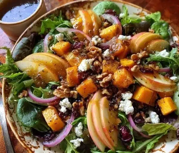 Fall Salad with Apple Cider Vinaigrette featuring seasonal ingredients