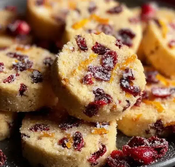 Festive Cranberry Orange Shortbread Cookies 4 Festive cranberry orange shortbread cookies on a decorative plate