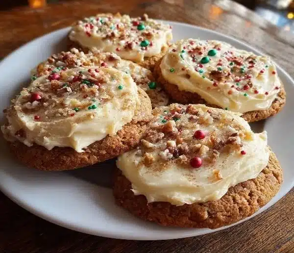 Festive spiced Christmas cookies decorated with creamy frosting