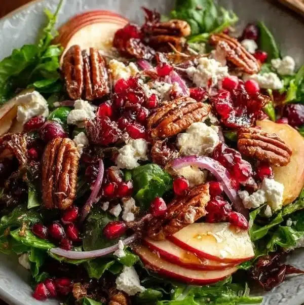 Festive winter Christmas salad featuring cranberries and toasted pecans.