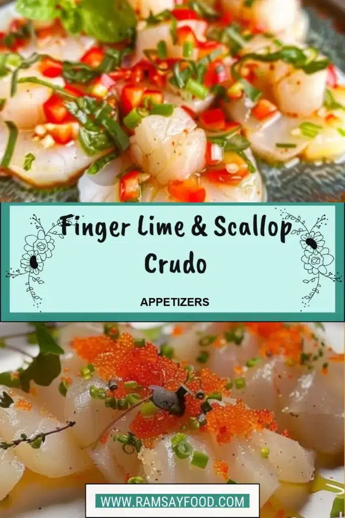 Delicious Finger Lime Scallop Crudo garnished with fresh herbs and citrus.