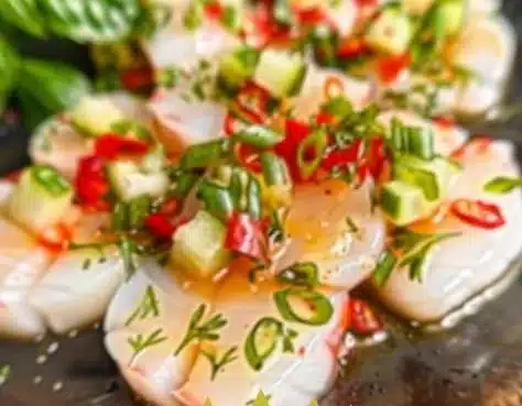 Finger lime and scallop crudo dish garnished with herbs and citrus.