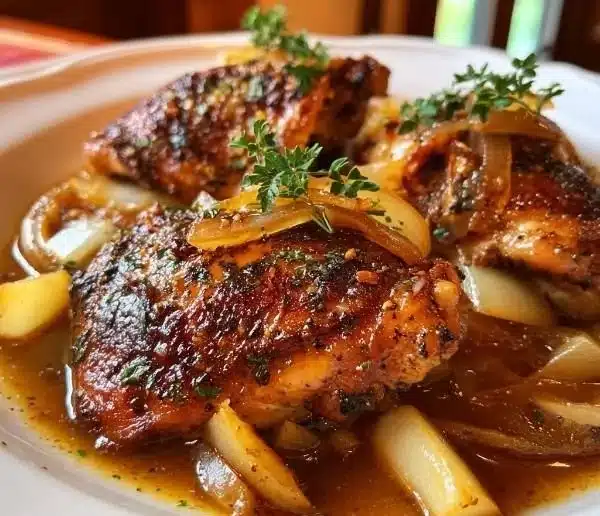 Savory French Apple Cider Chicken garnished with fresh herbs.