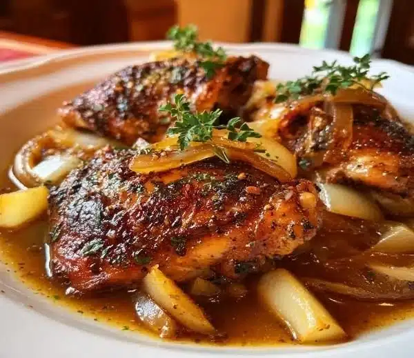 French apple cider chicken served with herbs and spices.