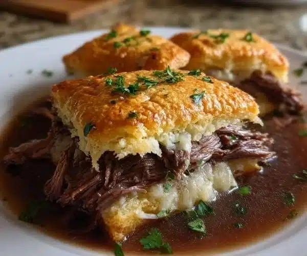 Delicious French Dip Squares served on a plate with dipping sauce.