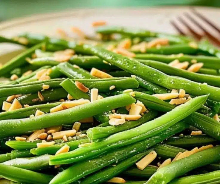 French Green Beans with Almonds 5 Plate of French green beans with almonds garnished with herbs