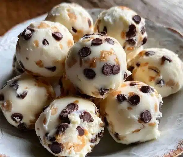 Frozen Greek yogurt peanut butter bites with chocolate chips on a plate