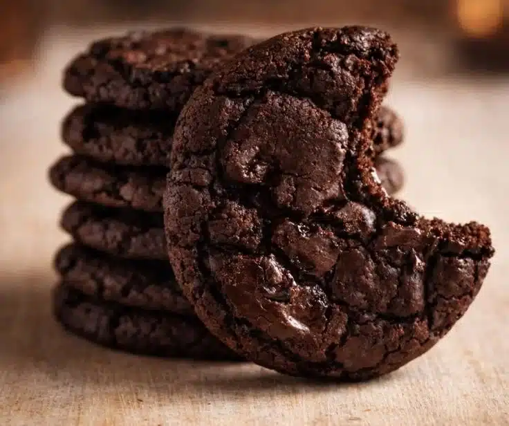 Fudgy Chocolate Brownie Cookies | Easy, Rich & Chewy Treat 9 Fudgy chocolate brownie cookies stacked on a plate, rich and chewy texture.