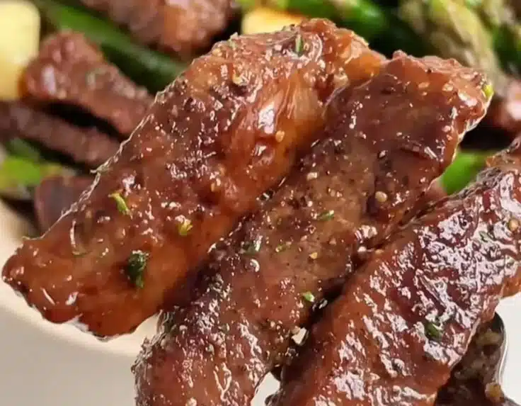 Garlic Asparagus Beef 8 A plate of Garlic Asparagus Beef garnished with herbs and spices.