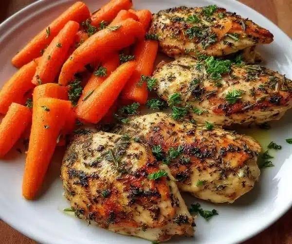 Garlic Herb Chicken & Carrot Plate 9 Garlic Herb Chicken served with vibrant carrots on a plate