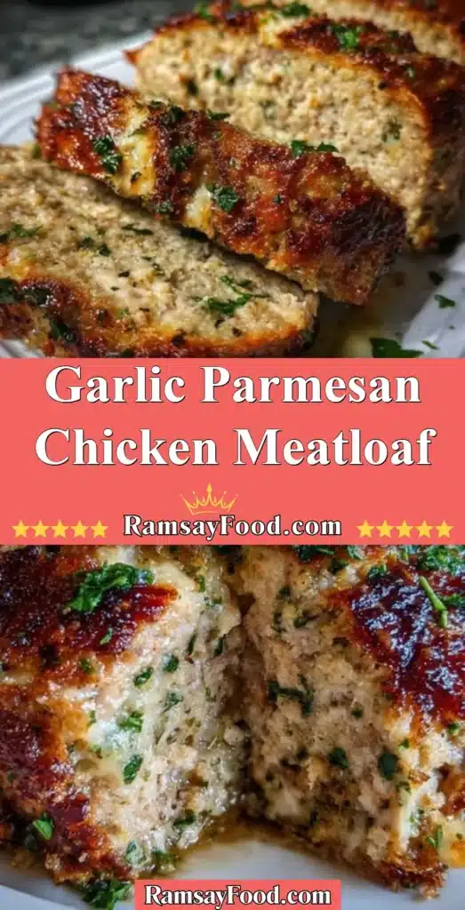 Garlic Parmesan Chicken Meatloaf with herbs and cheese topping on a white plate
