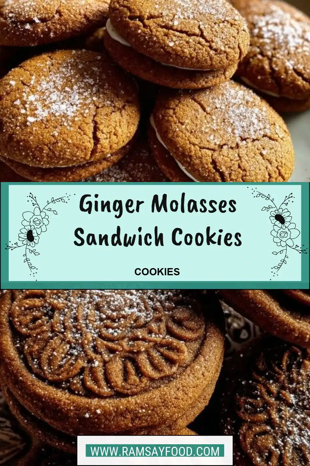 Ginger Molasses Sandwich Cookies 2 Delicious ginger molasses sandwich cookies on a rustic table