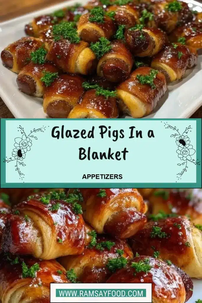 Delicious glazed pigs in a blanket appetizer served on a platter.