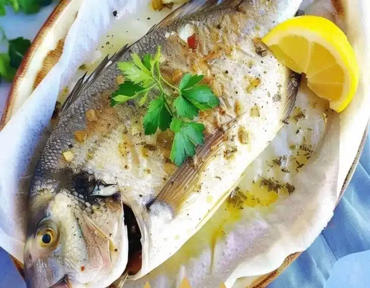 Plate of Greek Lemon-Garlic Roasted Sea Bream with herbs and lemon
