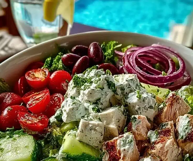 Delicious Greek Tzatziki Chicken Salad Bowl with fresh ingredients