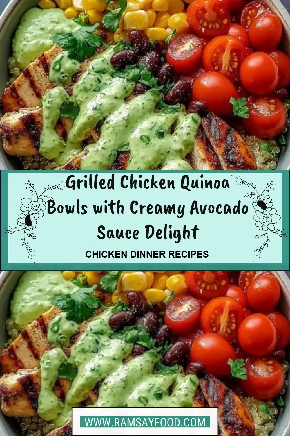Delicious grilled chicken quinoa bowls with creamy avocado sauce
