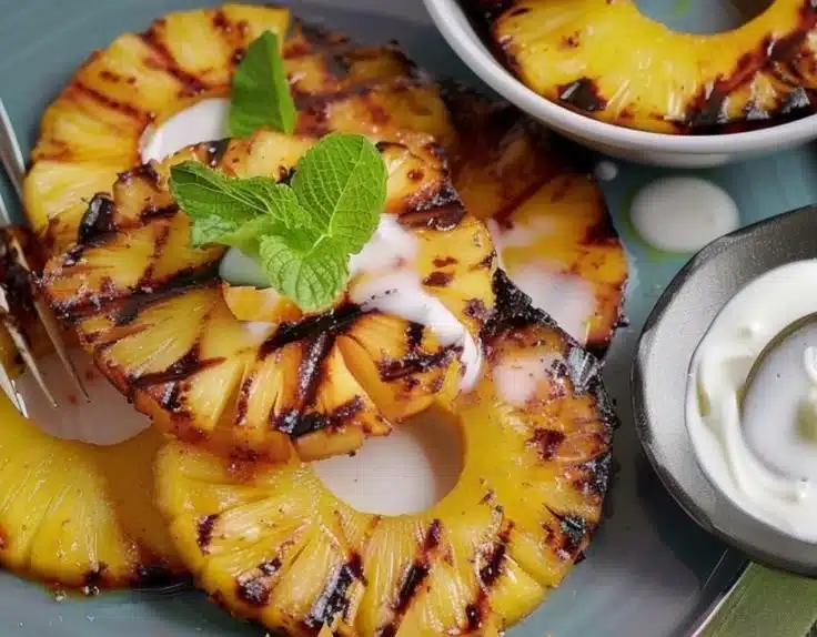 Grilled pineapple slices topped with creamy coconut cream on a plate
