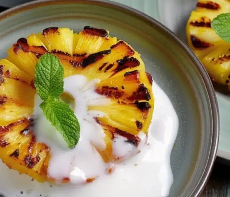 Grilled Pineapple with Coconut Cream 4 Grilled pineapple topped with coconut cream served on a plate