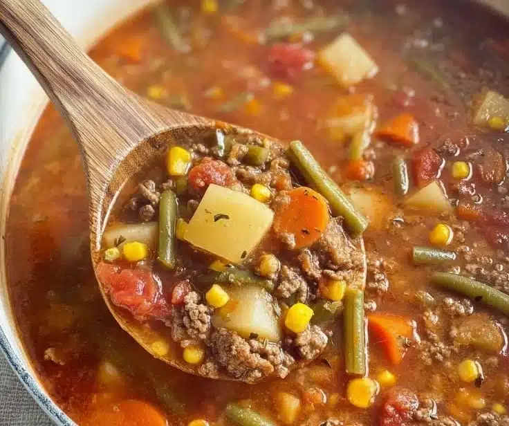 Bowl of hearty Hamburger Soup with vegetables and ground beef