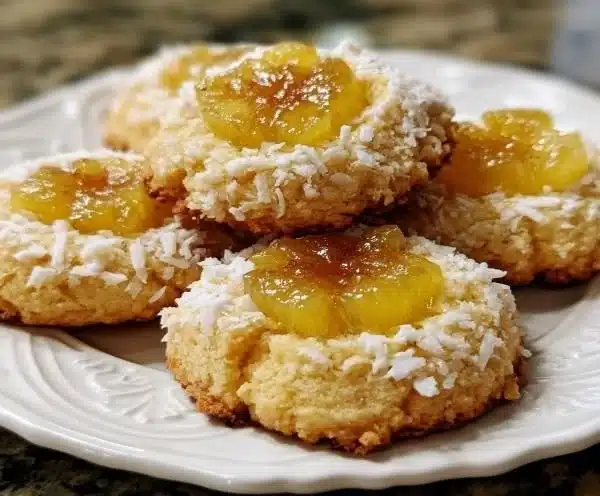 Hawaiian Pineapple Coconut Thumbprint Cookies on a decorative plate