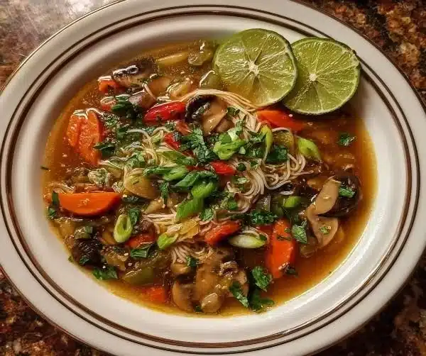 Healing Ginger Garlic Broth with Rice Noodles 6 Bowl of Healing Ginger Garlic Broth with Rice Noodles and fresh herbs
