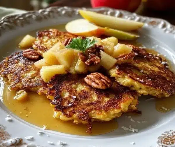 Healthy Oatmeal and Apple Pancakes 6 Plate of healthy oatmeal and apple pancakes topped with syrup and fruit