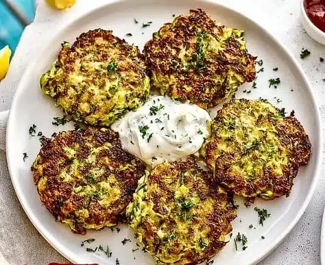 Healthy zucchini fritters served with dipping sauce