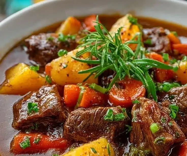 Delicious hearty beef stew served in a rustic bowl with vegetables.