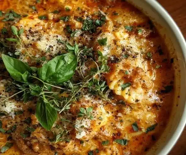 Hearty Cheesy Italian Lasagna Soup garnished with fresh herbs and cheese