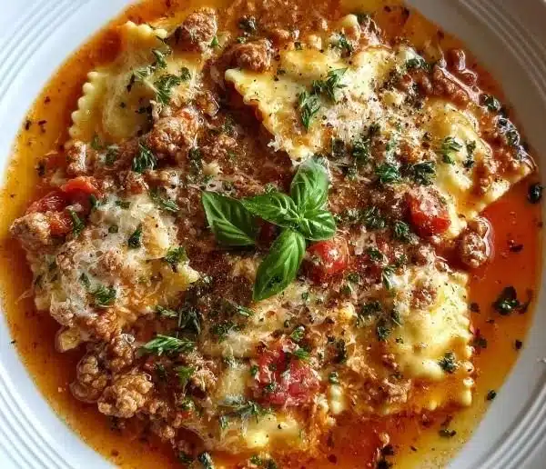 Hearty cheesy Italian lasagna soup topped with herbs and cheese in a bowl.