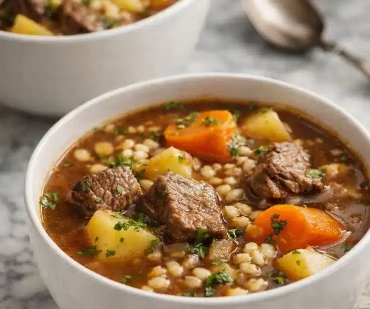 Bowl of hearty crockpot beef and barley soup with vegetables and herbs