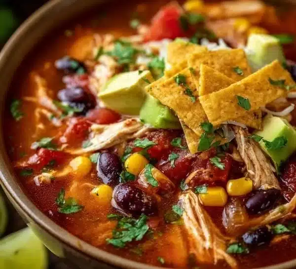 Bowl of hearty crockpot chicken tortilla soup garnished with tortilla strips and cilantro