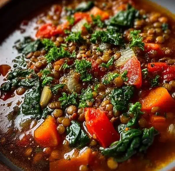 Bowl of hearty Mediterranean lentil soup with garlic and herbs