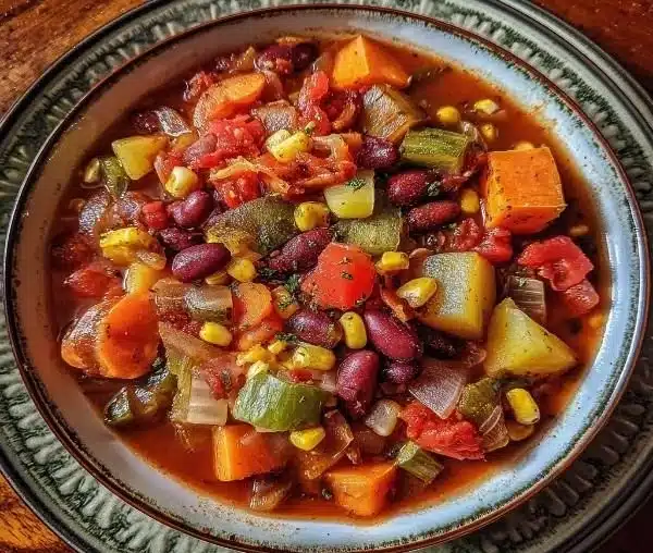 Hearty Spicy Cowboy Soup with Smoky Beans and Tender Vegetables 4 A bowl of hearty spicy cowboy soup with smoky beans and colorful vegetables