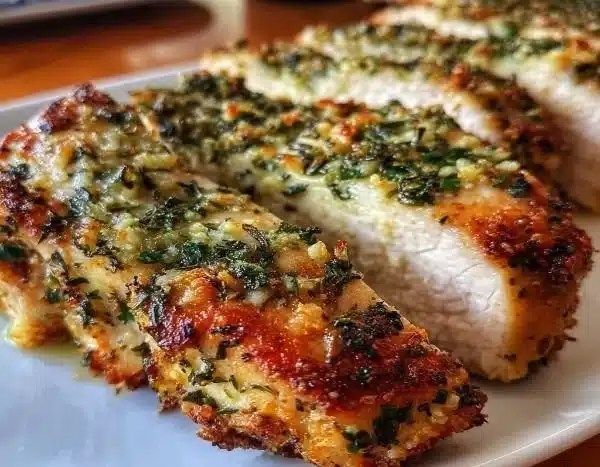Herb-Crusted Turkey Breast with Garlic served on a rustic table