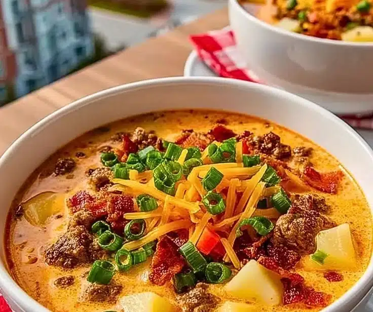 Bowl of homemade cheeseburger soup served with toppings.