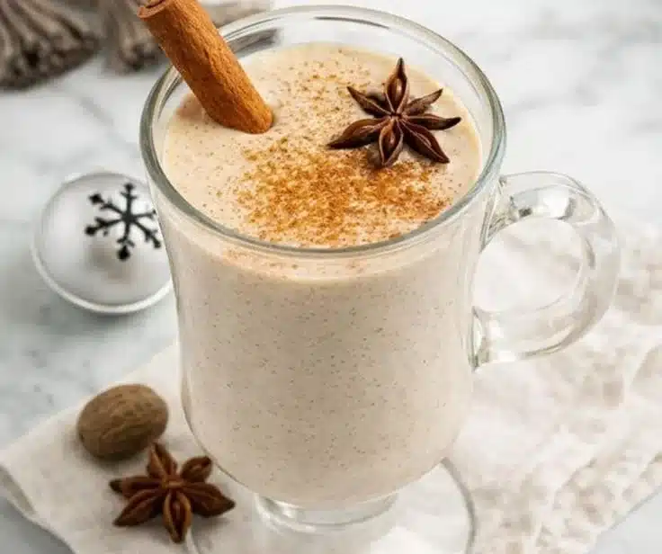 A rich and creamy glass of homemade eggnog topped with nutmeg for the holidays.