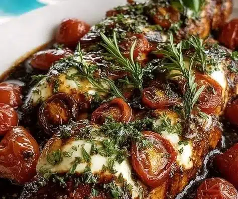 Homemade one pan balsamic chicken served with vegetables