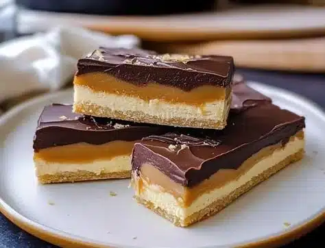 Delicious homemade Twix Bars with chocolate and caramel layers