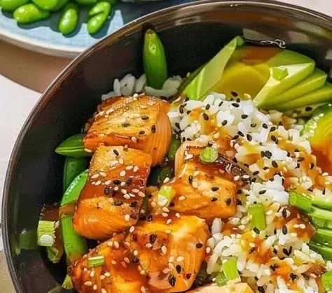 Honey Butter Roasted Salmon Rice Bowl with fresh ingredients
