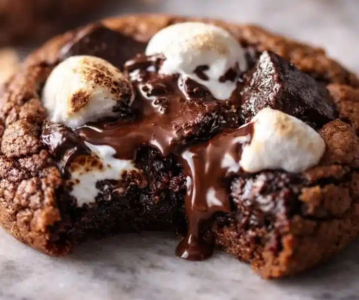 Delicious hot chocolate cookies topped with marshmallows on a baking tray