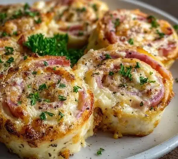 Hot Ham & Cheese Pinwheels 4 Hot ham and cheese pinwheels served on a platter