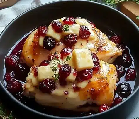 Cranberry Brie Stuffed Chicken served with a garnish on a plate