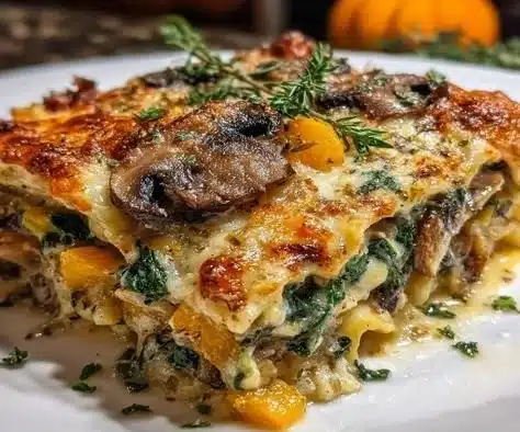 Delicious Invisible Butternut Squash Spinach Mushroom Lasagna on a plate