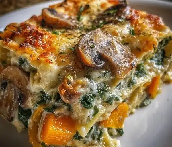 Invisible butternut squash spinach mushroom lasagna made with healthy ingredients